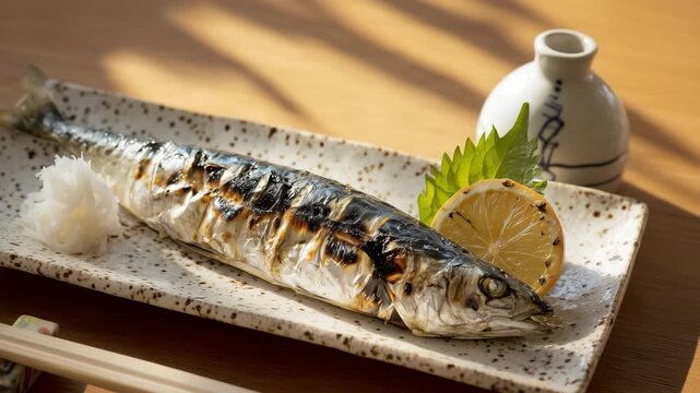 いわしの塩焼きに柑橘と大根おろしを添えた皿