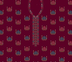 Maroon fabric with floral pattern and embroidered neckline design