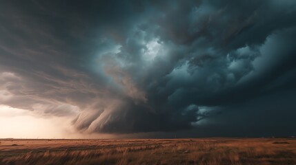 Obraz premium A supercell storm forming a tornado over vast plains, swirling clouds and flying debris captured in high detail, cinematic nature realism, 