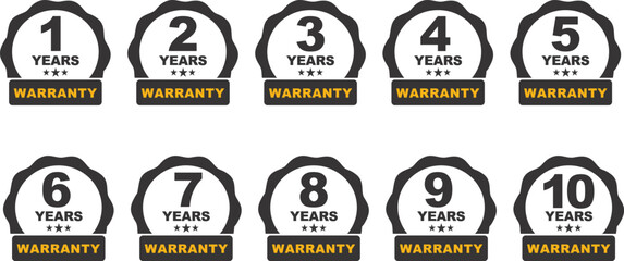 Warranty Label | Warrenty seal on white background | Warrenty set vector set from one to ten years isolated on white background for product guarantee and assurance