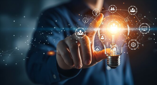 Businessman touching glowing light bulb with digital network icons symbolizing innovation and new ideas