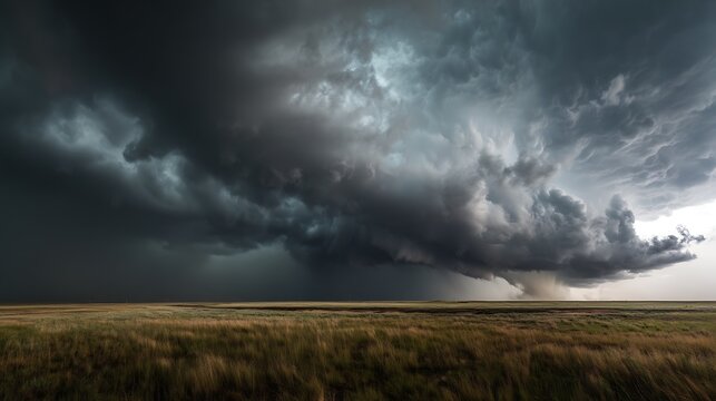 A supercell storm forming a tornado over vast plains, swirling clouds and flying debris captured in high detail, cinematic nature realism, 