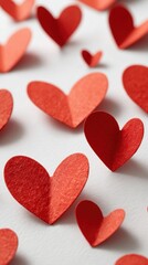Obraz premium Red paper hearts scattered on white background for a romantic Valentine concept and love decor
