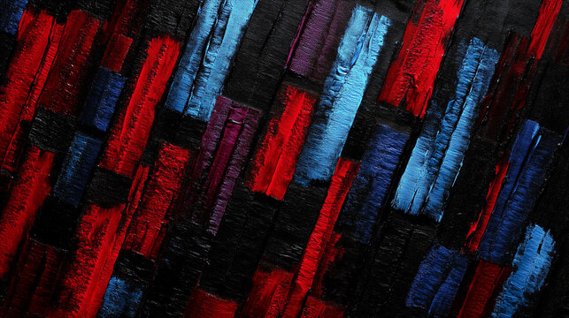 Colorful abstract painting with bold red, blue, and black textured acrylic brush strokes on a dark background
