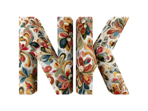 The NK logo is written inside a colorful tracery pattern isolated on a white background.