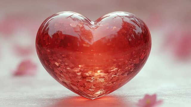 A red heart shaped object sits on top of a table, useful for romantic and celebratory scenes