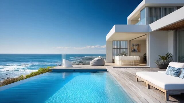 A modern beachfront villa with an infinity pool, wooden deck and white outdoor lounge areas overlooking the ocean.