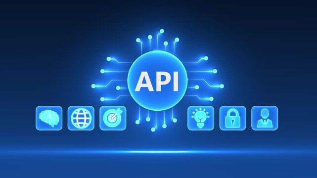 Digital technology concept with API text in a glowing circuit board and surrounding icons on a dark blue background