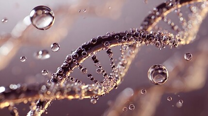 Dna double helix structure with numerous water bubbles and droplets floating around, creating a vivid representation of genetics, scientific research, and biological processes