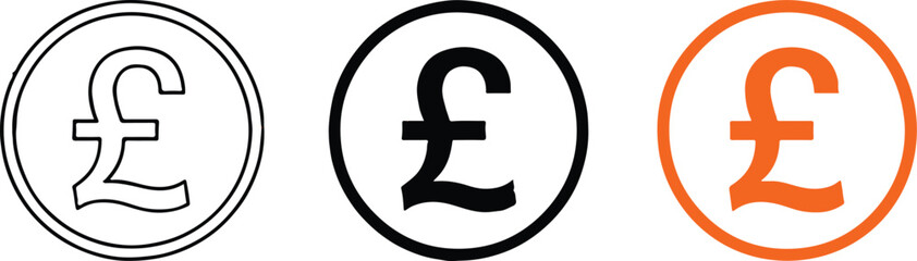 modern pound icon circular badge variations black outline solid and orange flat vector set for apps vector eps ai png jpeg