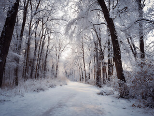 Obraz premium Snowy winter road winds through the frozen forest landscape under a cold blue sky