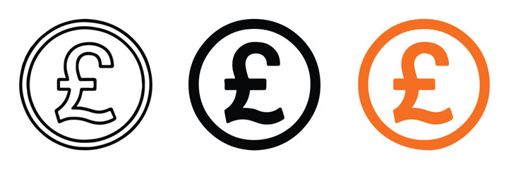 currency symbol badge set british pound in three circular styles monochrome and orange vector eps ai png jpeg