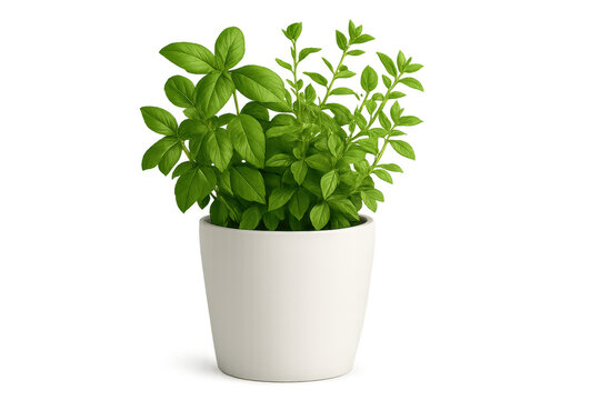 Basil growing in white pot transparent background