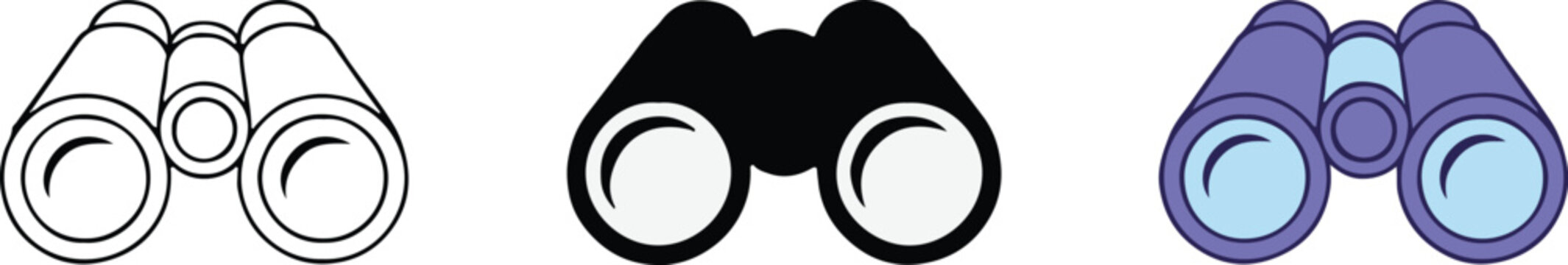 stylized binoculars set outline silhouette and colorful variation vector icons for observation and exploration