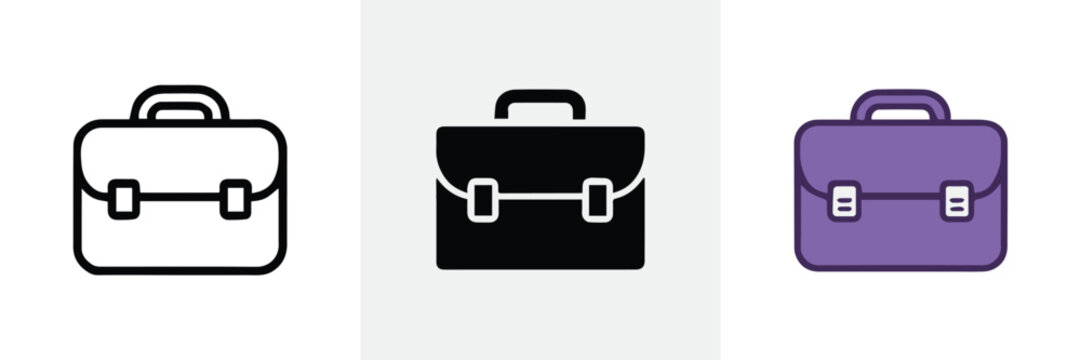 briefcase icon collection minimal line, solid silhouette, and detailed colored briefcase vectors