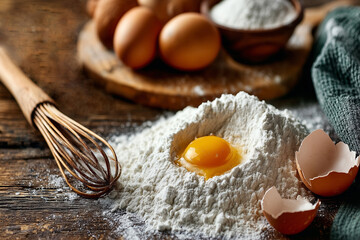 Baking ingredients with flour and egg yolk on wooden table