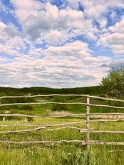 Rural Landscape with Wooden Fence, Countryside Nature Scenery, Farm