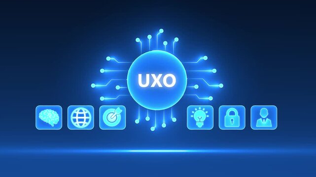 Digital circuit board with UXO text and glowing icons for brain, globe, target, lightbulb, lock, and user