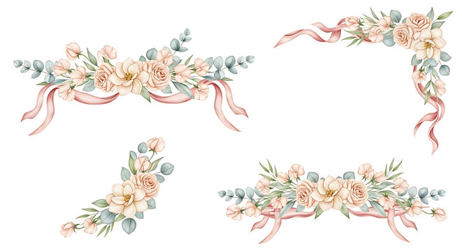 A beautiful set of watercolor floral arrangements featuring peach roses, eucalyptus, and pink ribbons, perfect as decorative corners and borders for invitations