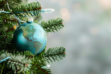 Christmas ornament featuring golden world map outline, symbol of global unity.