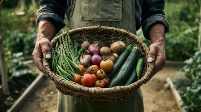 男性が採れたて野菜のかごを掲げる