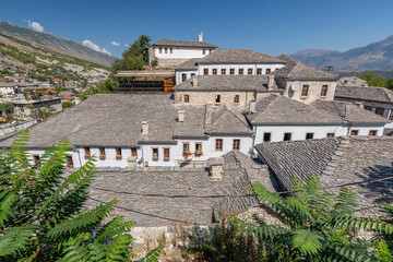 View of the old city of Gjirokaster, town of silver roofs in Albania.