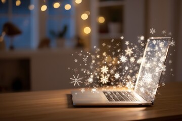 open modern laptop on clean desk with holographic snowflakes falling above its screen in ambient light, cozy warm atmosphere, copy space. holiday promotions, festive website banner, tech Christmas.