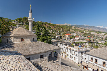 View of the old city of Gjirokaster, town of silver roofs in Albania.