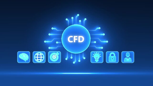 Digital CFD concept with glowing circuit board and icons for finance and business contract for difference