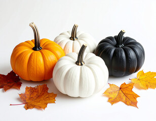 Pumpkins in black, white, and orange, autumn leaves, white background. AI