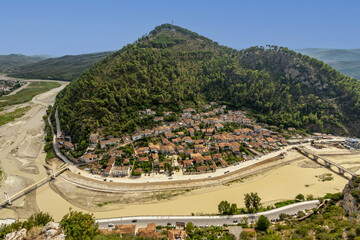 Panorama of the historic city of Berat in Albania. Top view from the castle.