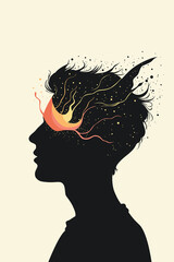 Silhouette of a man’s head with bright abstract energy lines symbolizing creativity, inspiration, imagination, and the power of ideas in modern minimalist art style.