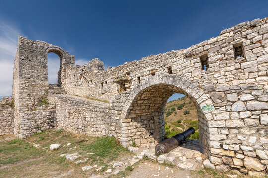 Old cannon at the top of the wall of Berat Castle in Albania.