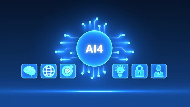 Artificial Intelligence A I4 Concept with Circuit Board and Icons on Dark Blue Background technology