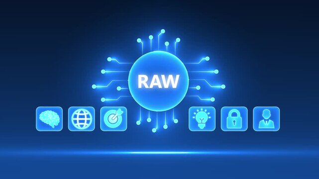 Central RAW text on a glowing blue circuit board with surrounding icons for brain, globe, target, lightbulb, lock, and person