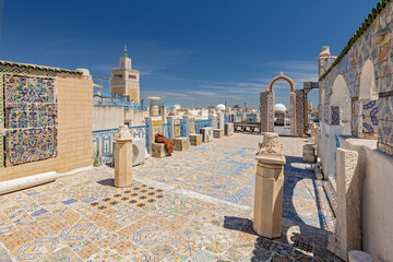 Cityscape of the medieval medina of the city of Tunis, Tunisia, on the left the minaret of the Zaytuna Mosque.