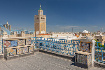 Cityscape of the medieval medina of the city of Tunis, Tunisia, on the left the minaret of the Zaytuna Mosque.
