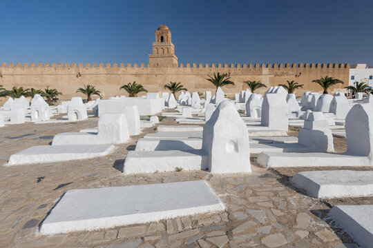 The Ouled Farhane Cemetery next to the Great Mosque of Kairouan, or Mosque of Uqba, in Kairouan, Tunisia.