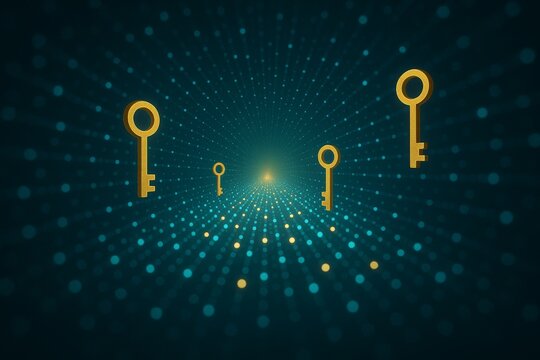 Golden keys floating in digital space representing cybersecurity and data encryption access concept