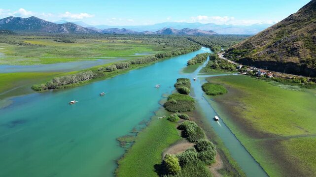 Aerial view of Moraca river delta and Skadar lake in Montenegro
