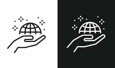Fototapeta premium Hand Holding Glowing Earth Globe Outline Icon A simple line art icon depicting a hand holding a glowing globe, symbolizing global reach, ecology, and social responsibility.