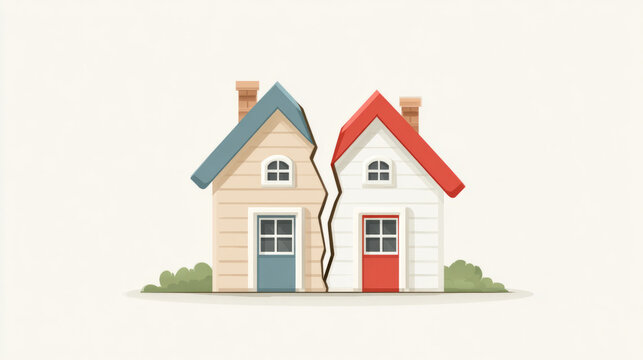 Minimalist illustration of a split house representing bankruptcy and legal challenges