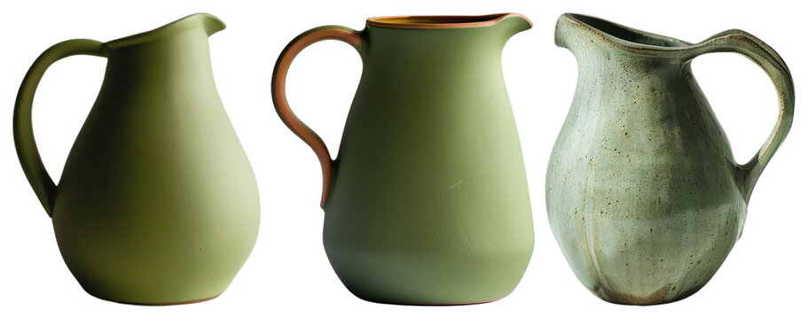 PNG Elegant rustic ceramic pitchers trio, element set on transparent background