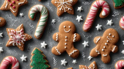 Overhead shot of various frosted gingerbread cookies and sugar stars on a gray background