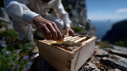 A dedicated beekeeper collects honey from a hive on a scenic mountain top, showcasing the beauty of nature's bounty and the rewarding experience of beekeeping.