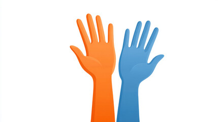 Obraz premium Colorful gesture of unity: orange and blue hands raised together