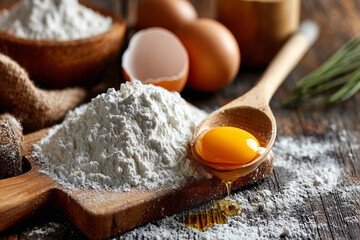 Flour and egg yolk on wooden table