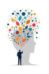 Abstract concept of a man looking at a large head filled with colorful ideas and shapes, symbolizing creativity, imagination, innovation, and the power of human thinking.