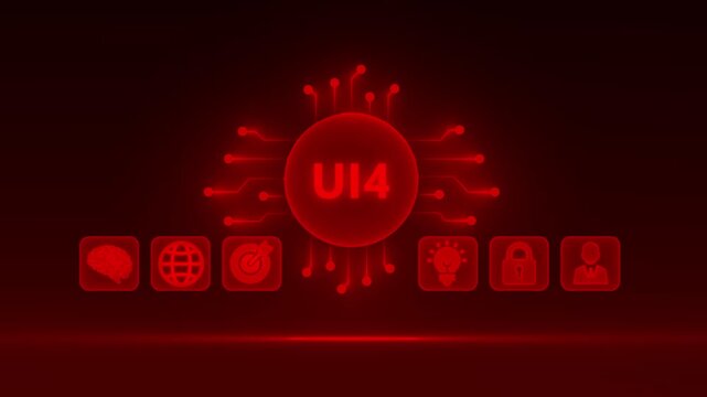 Red U I4 Circuit Board with Icons for Brain, Globe, Target, Lightbulb, Lock, and Person technology digital