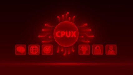 Red glowing central circle with CPUX text and connected icons of brain, globe, target, lightbulb, lock, and person on dark background - Powered by Adobe